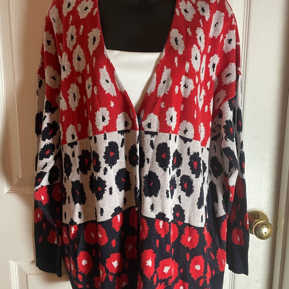 CAbi Red and Black Patterned Cardigan